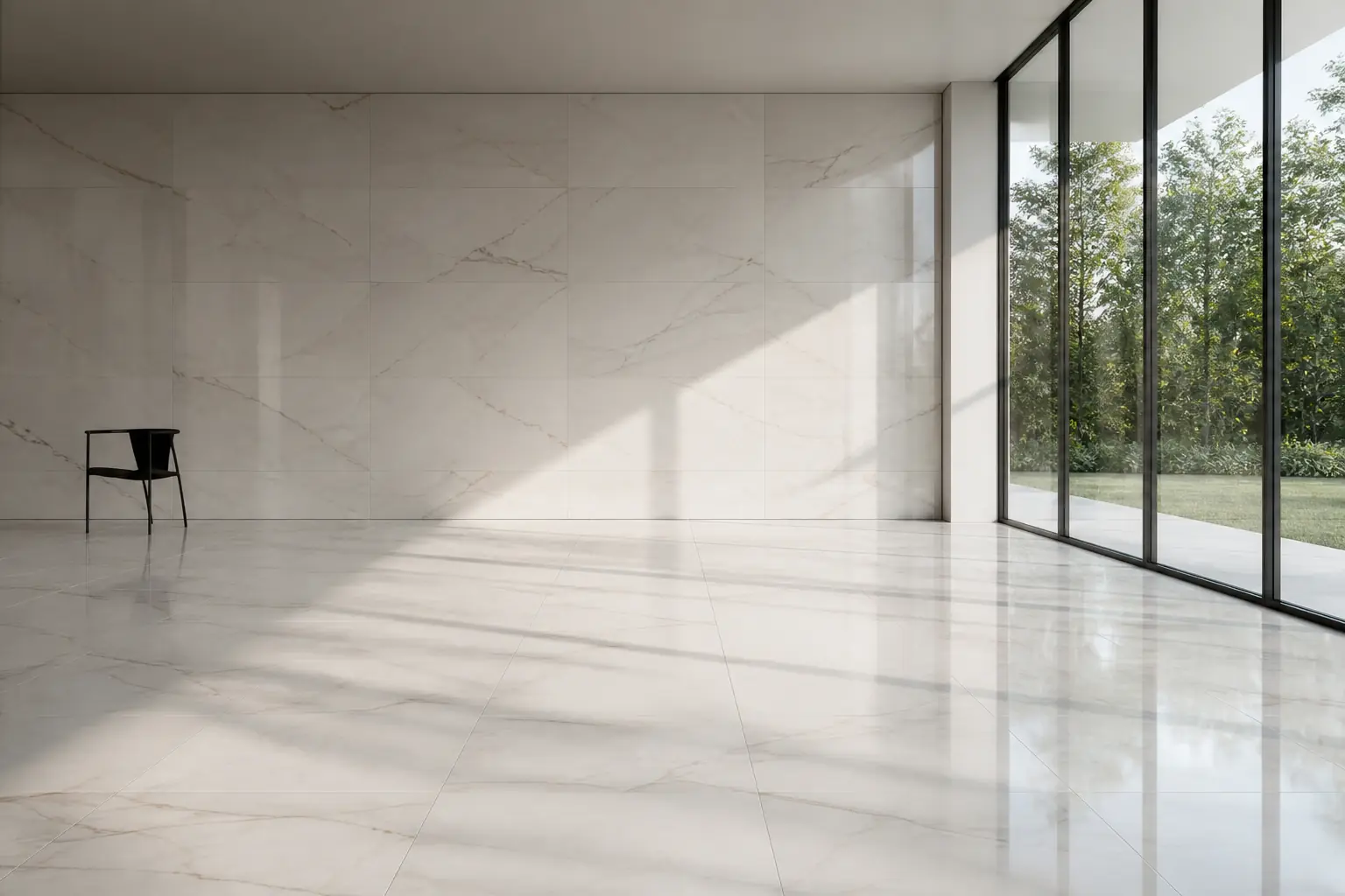 White marble-look glazed porcelain on floor and wall in a gallery