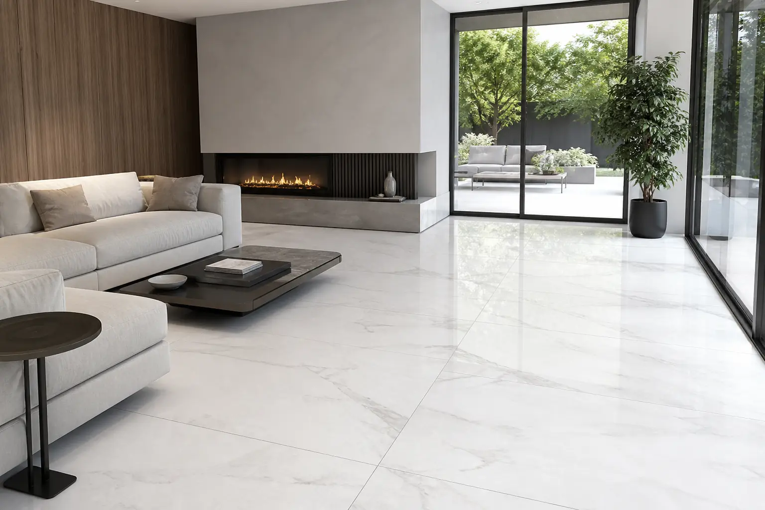 White marble-look glazed porcelain in a living room