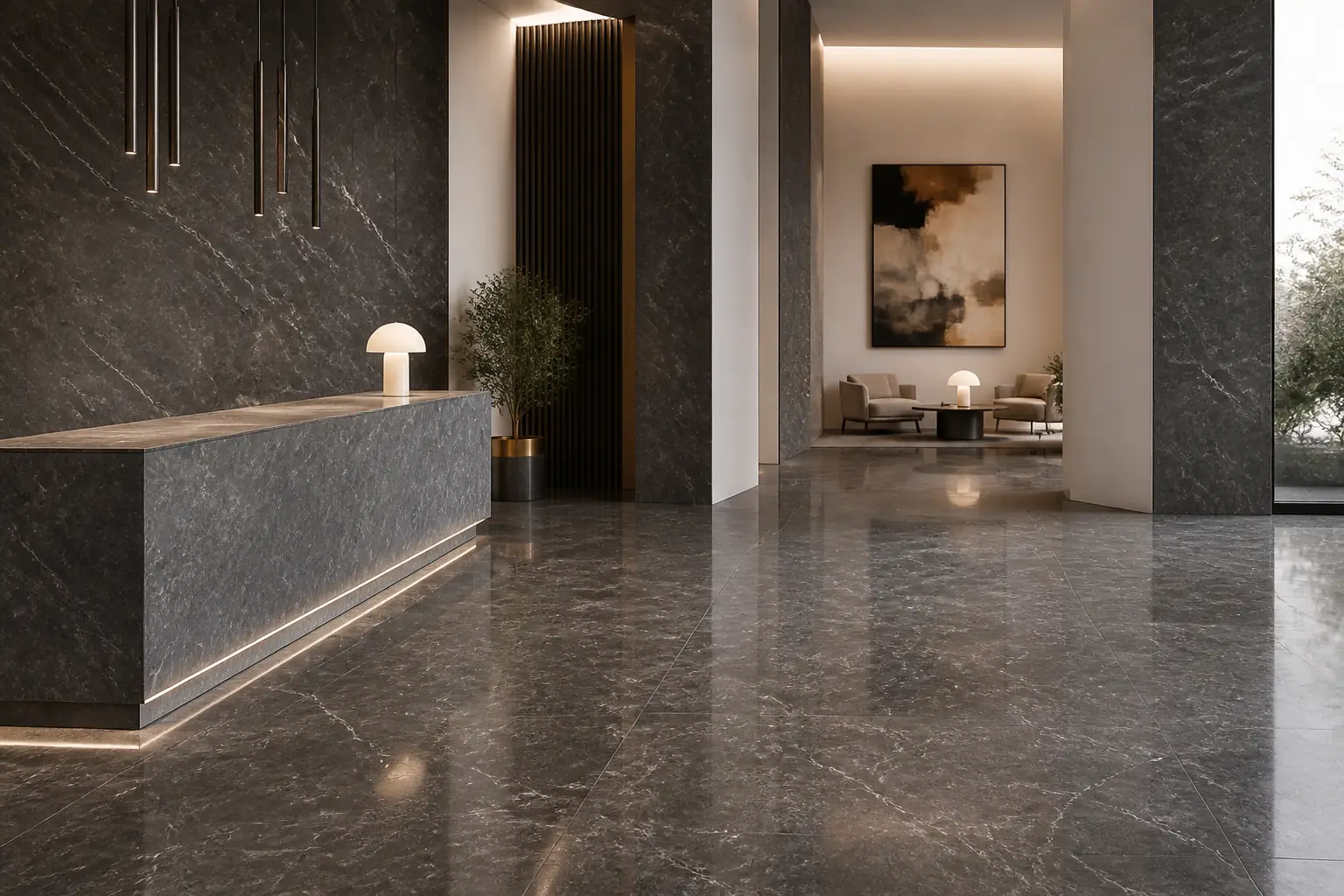 Charcoal marble-look porcelain in a hotel lobby
