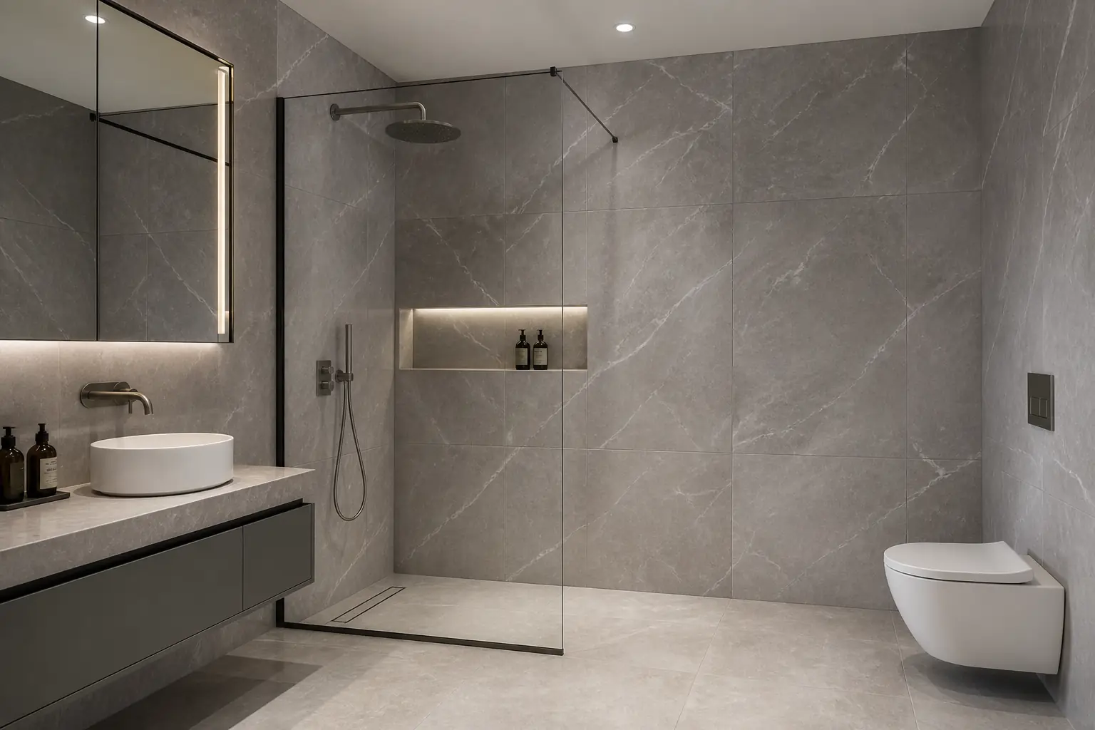 Grey stone-look glazed porcelain on bathroom walls and floor