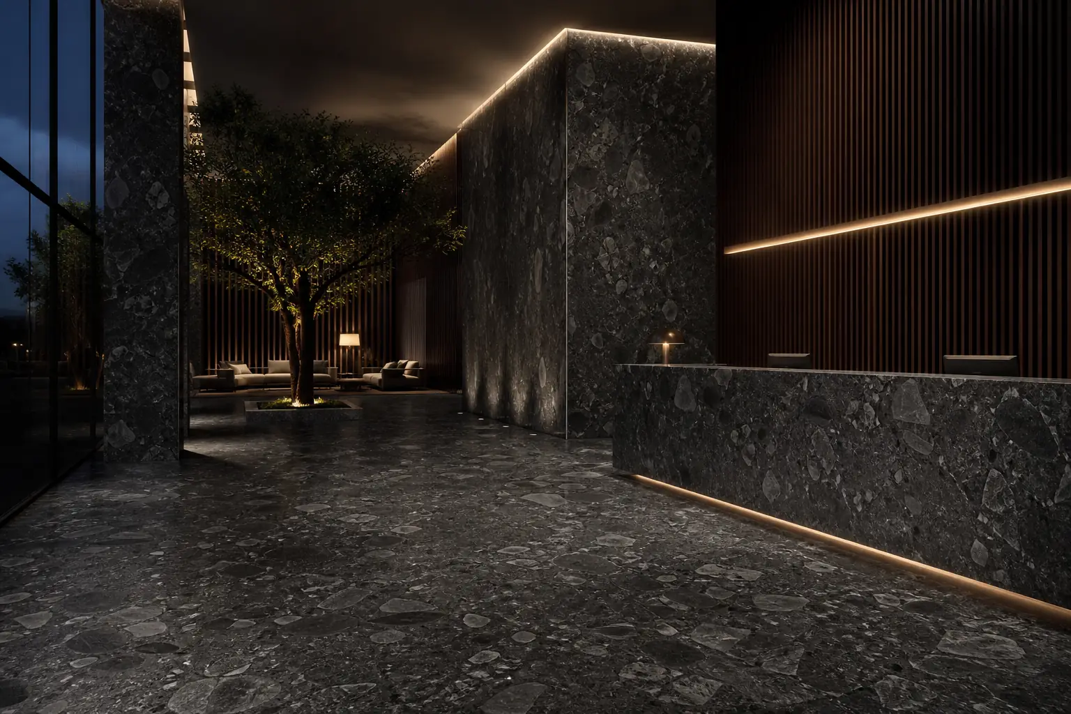 Charcoal stone-look porcelain in a hotel lobby