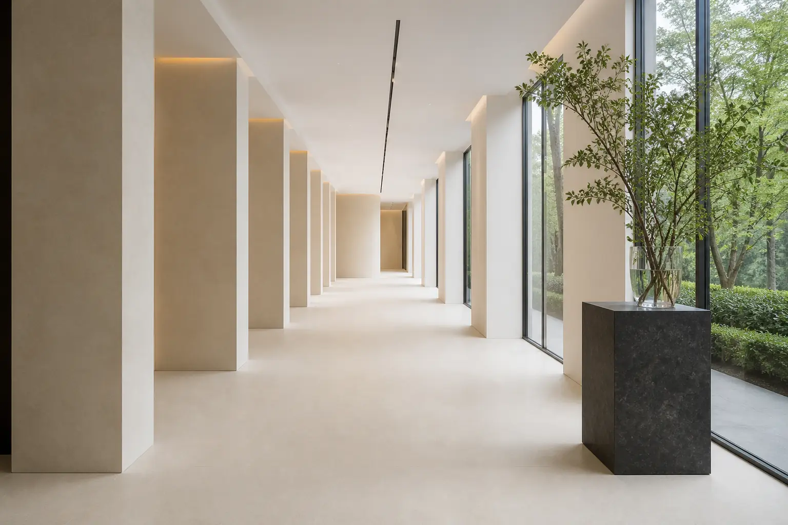 Cream porcelain in a colonnaded gallery