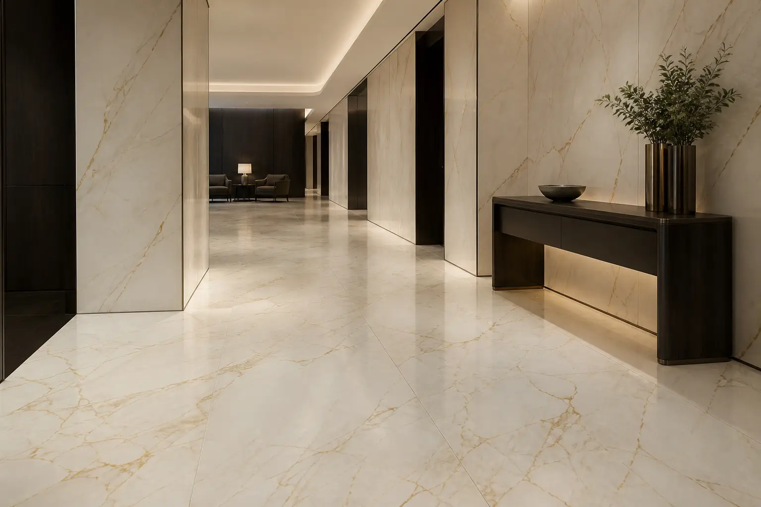 Ivory gold-vein porcelain in a hotel corridor