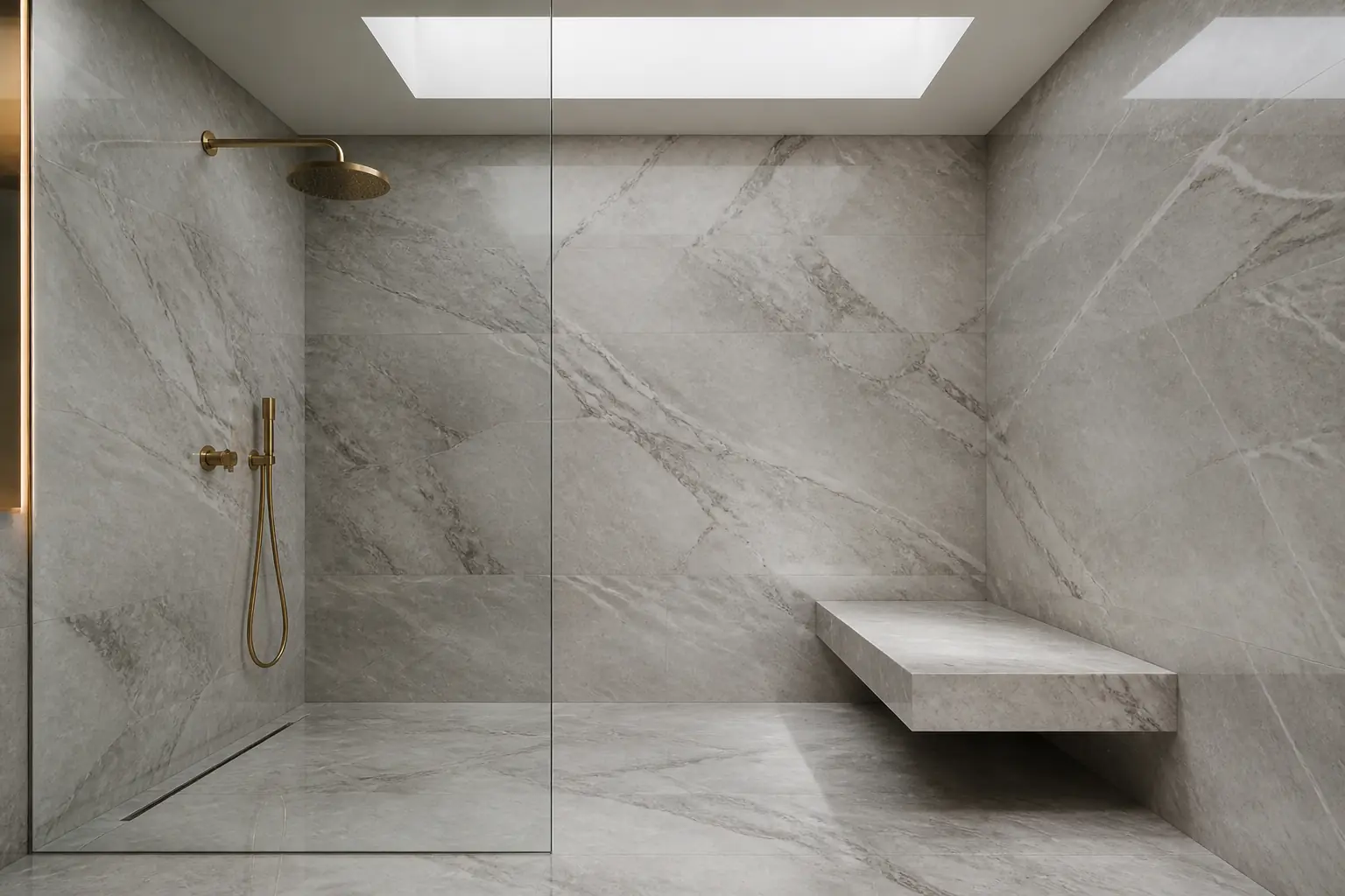 Light grey marble-look porcelain in a spa bathroom