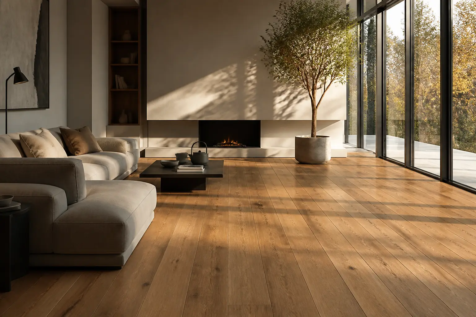 Oak wood-look glazed porcelain in a living room