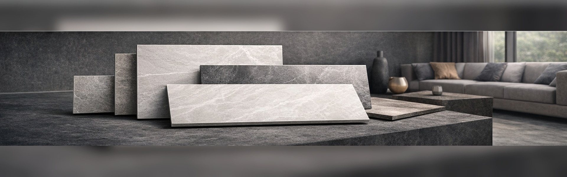 Large-format marble-look tiles in white, grey and charcoal, standing in a dark interior