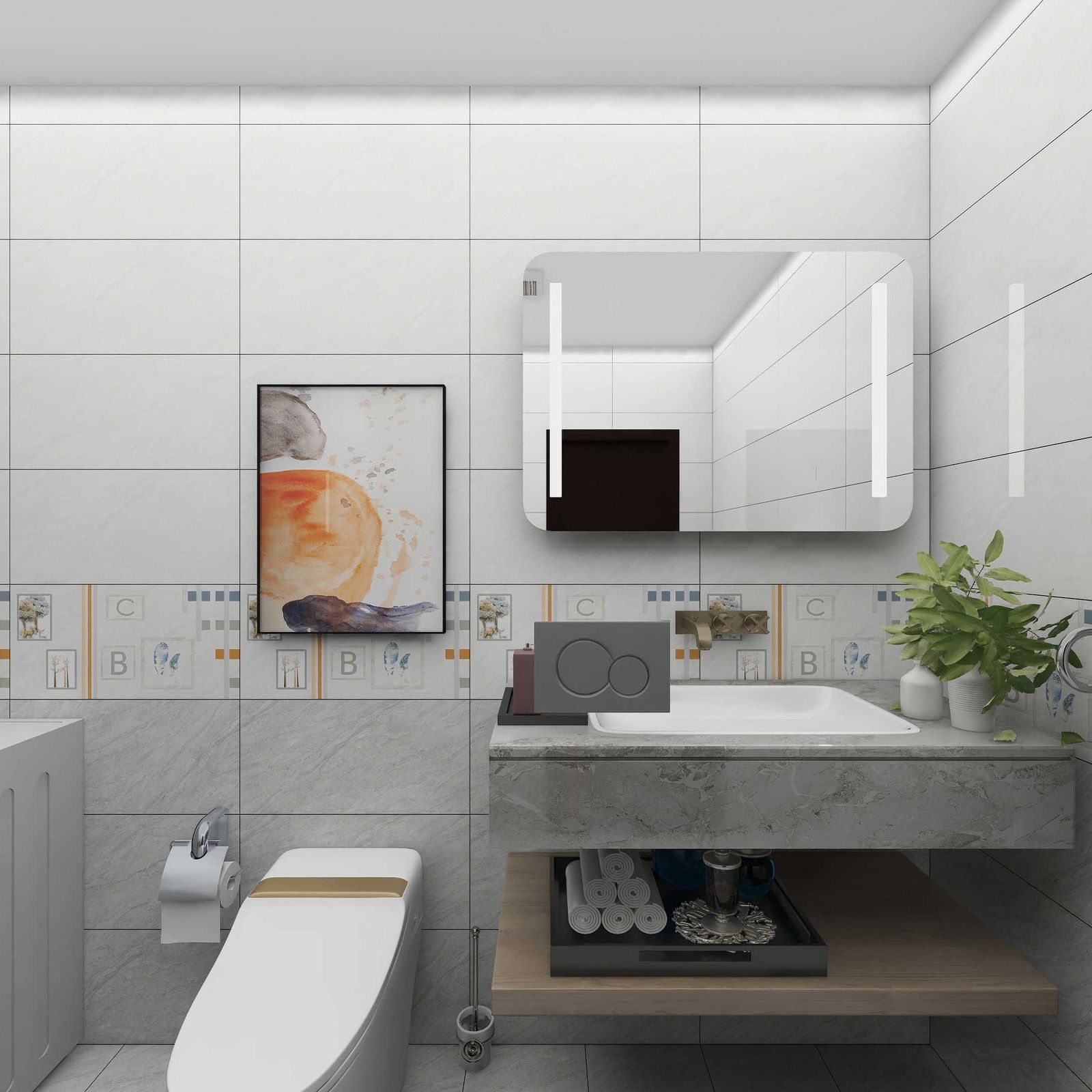 Bathroom with white marble-look wall, geometric deco band, grey dado and floor
