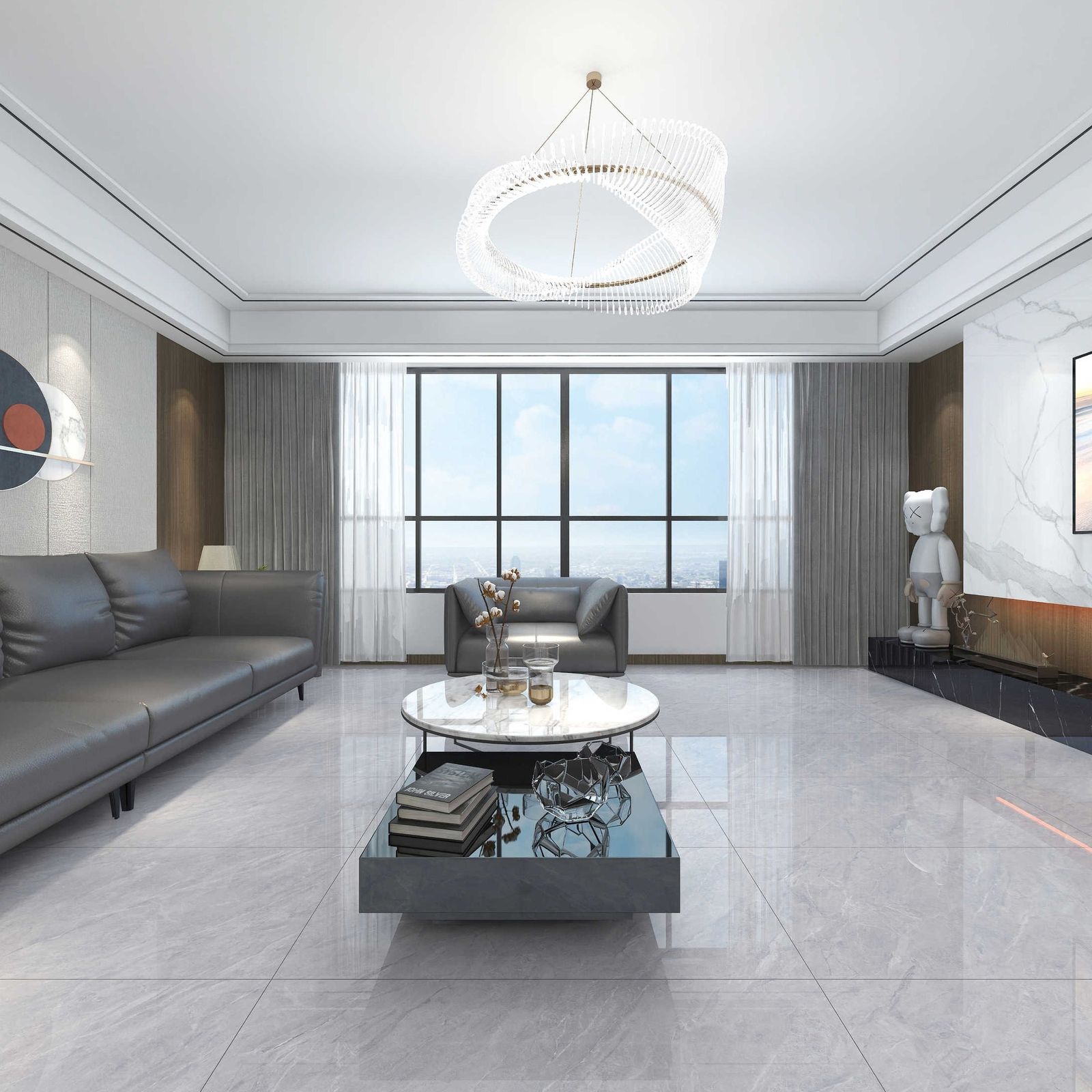 Living room with polished grey marble-look floor and white marble-look media wall